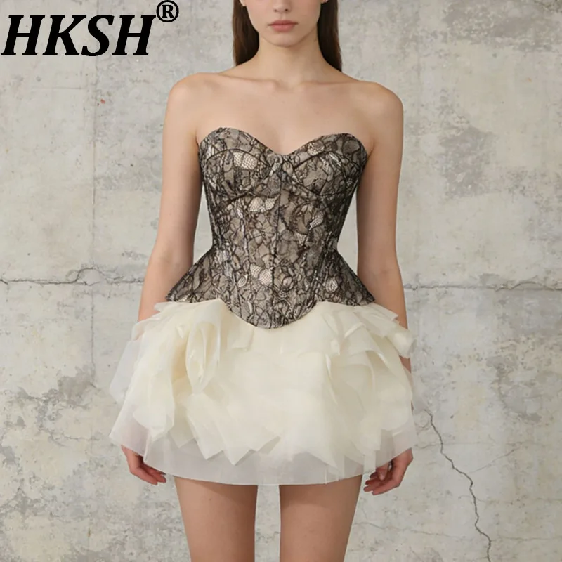 HKSH 2026 Summer New Women Set Strapless Lace Slim Fit Vest Sexy Tank Top Multi-layer Pleated Sweet Skirt French Fashion HK18929