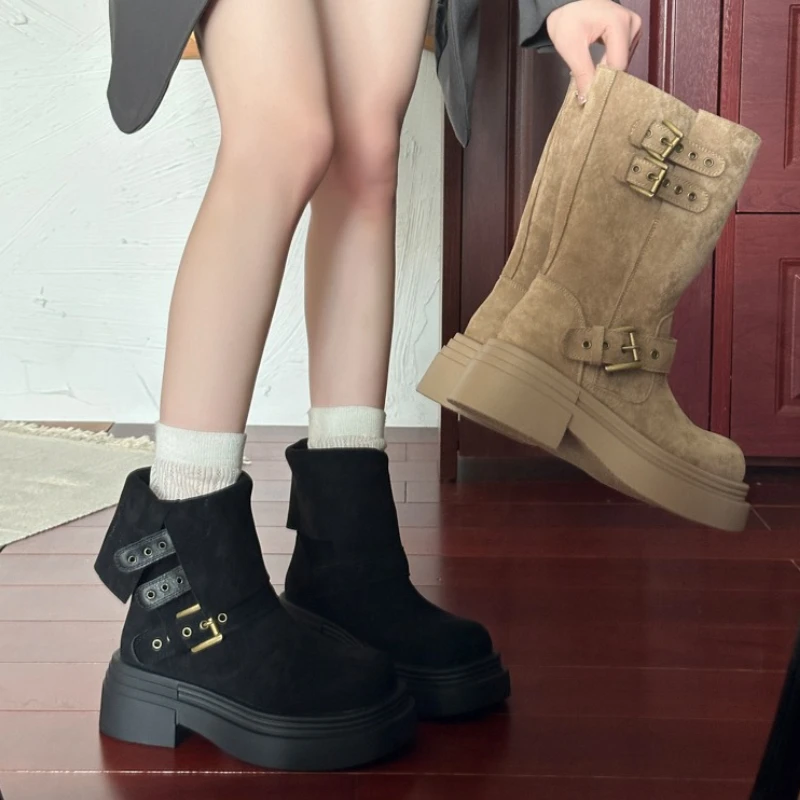

Винтажные женские современные ботинки на толстом каблуке, модные женские повседневные ботинки без шнуровки с пряжкой на ремне, современные ботинки до середины икры