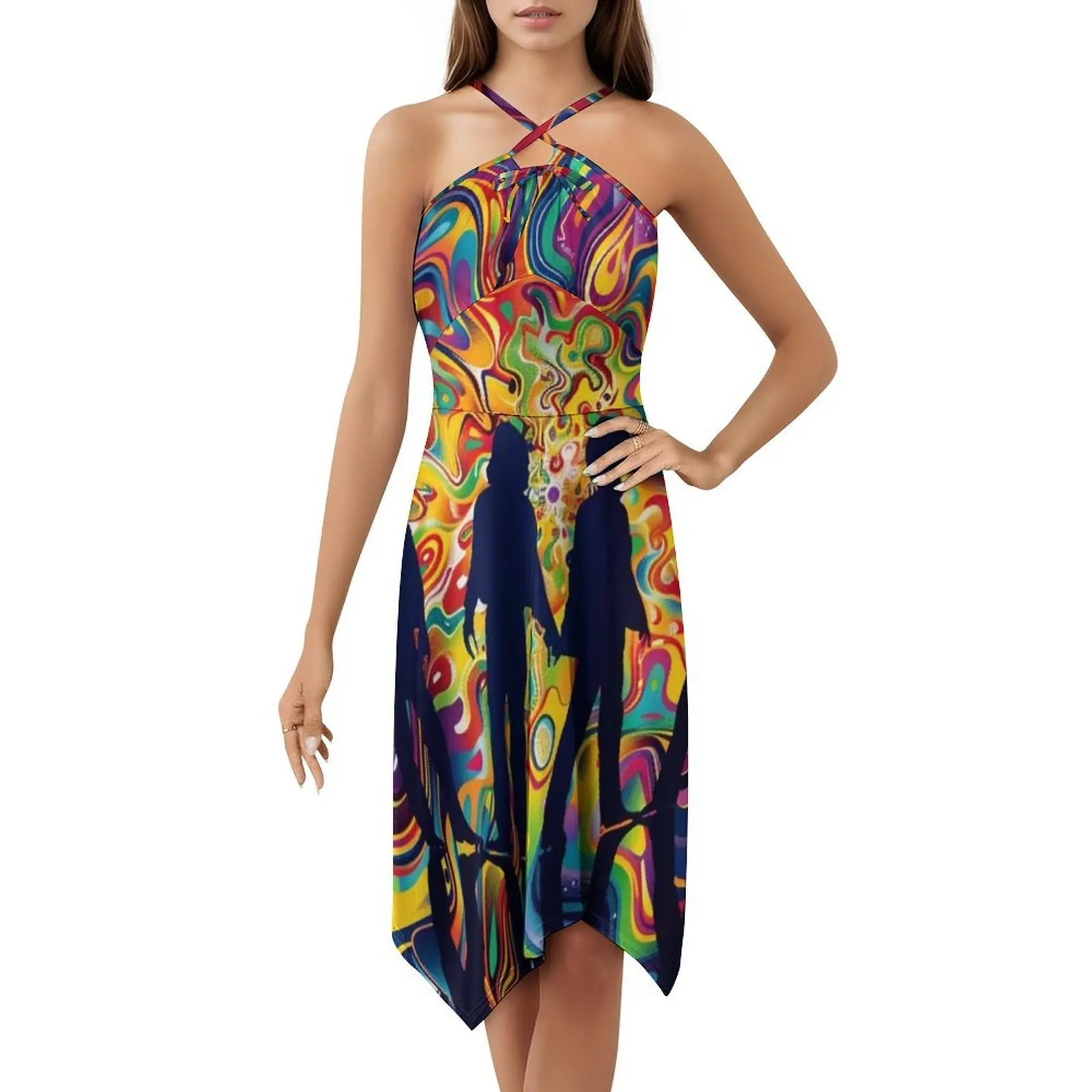 A silhueta com cores psicodélicas trippy vestido de festa elegante feminino vestido evasê com opções curtas/longas/sem mangas