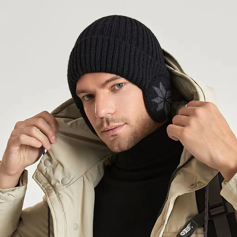 Winter Men Ear Protection Knitted Hat Velvet Lining Male Earmuffs Cap Soft Wool Ski Riding Bonnet Plush Warm Skullies Beanies