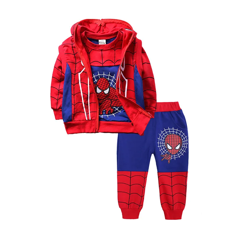 Marvel Spiderman nadruk kreskówkowy 3 sztuk/zestaw kostium jesień dzieci chłopcy kamizelka bez rękawów z kapturem t-shirt spodnie dres stroje dziecięce