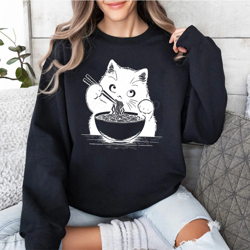 Cat Lover Kawaii Cartoon Sweatshirt Cat Eating Ramen Print Women Fashion Casual Hoodies Japanese Noodle Cats Retro Women Sweater