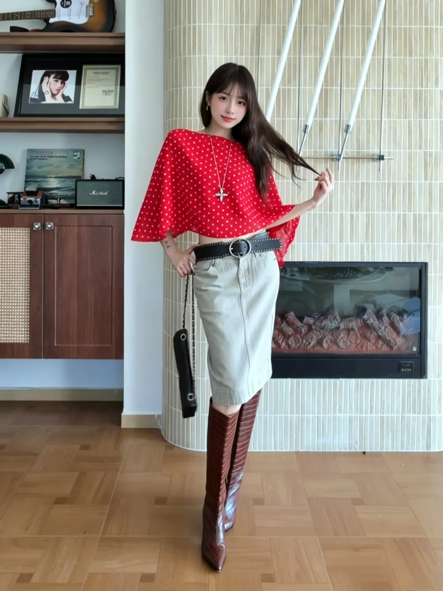 Korean Fashion Red Polka Dot Asymmetrical Shoulder Strap Women's Top High Waist  Skirt Two-Piece Set City Walk Outfit