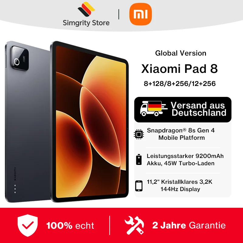 Globale Version Xiaomi Pad 8 Snapdragon 8s Gen 4 11,2 Zoll 3,2K 144Hz Display 9200mAh (typisch) 45W Akku 13MP Hauptkamera Xiaomi Tablet