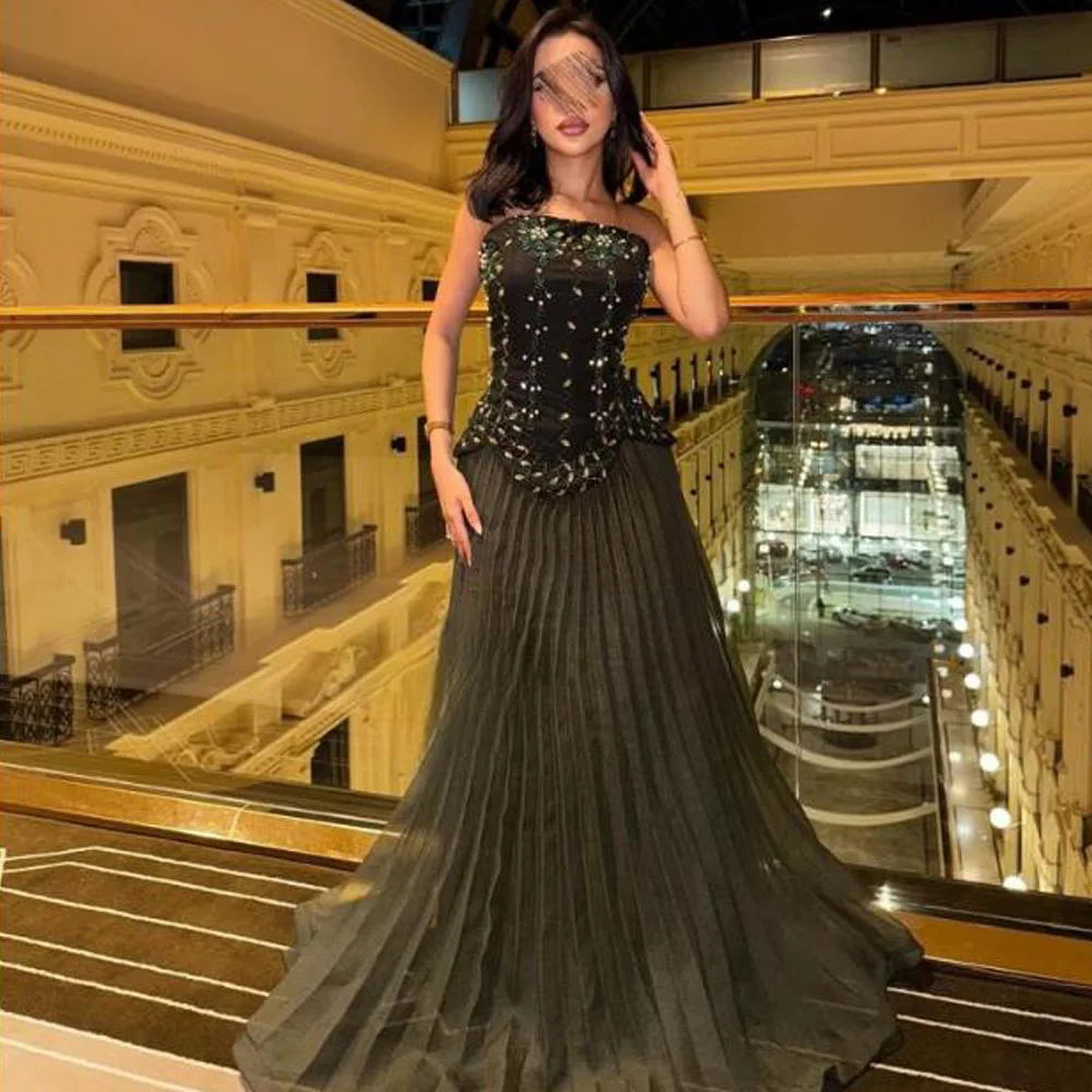 

Customized Beading Evening Dress Strapless A Line Pleat Prom Gown Olive Green Long فساتين السهرة for Women