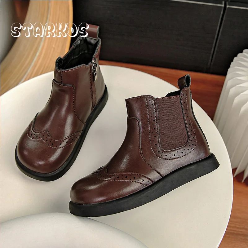 Brogue Chelsea Boots For Kids British Style Thick Sole Zip Ankle Botas Girls Boys Autumn Retro Flatform Pu Leather Shoes