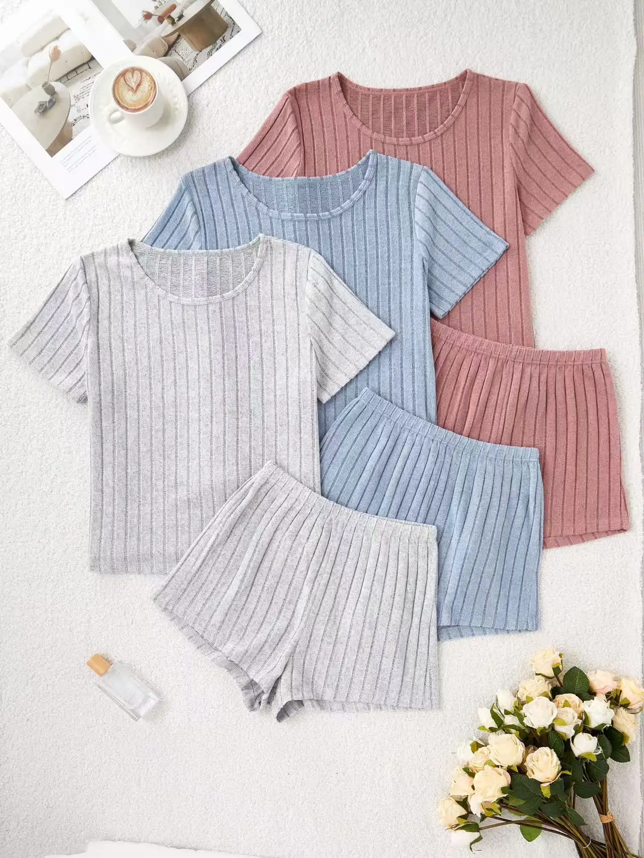 

3 Sets of 6 Pieces of Standard Spring and Summer All Year Round Women's Pajamas for Women Pure Color Casual Loose and Comfortable Round Neck Short-Sleeved Shorts Pajamas Set