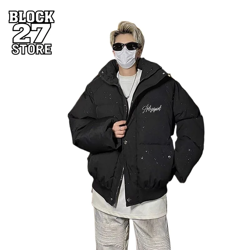Harajuku Star Print Puffer Jacket Men Winter American Thick Warm Coat Vintage Streetwear Loose Bread Down Cotton Outerwear New