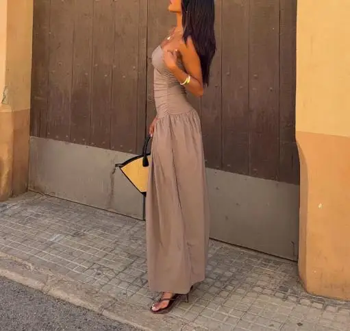 

Summer 2025 Solid Color Sleeveless Strapless Backless Casual Patchwork Dress for Women, Fashionable and Elegant Strapless Dress