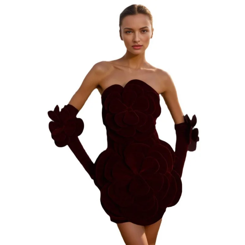 Franse stijl sexy socialite mode 2025, nieuwe retro mode strapless patchwork bloemenjurk met een high-end gevoel