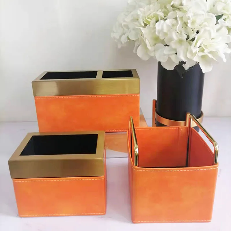 

Orange Leather Metal Storage Box Coffee Table Desktop Remote Key Box Household Cosmetics Jewelry Storage Boxes Home Decoration