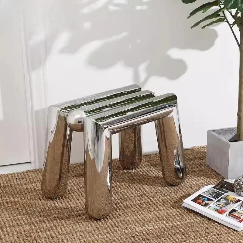Modern Stainless Steel Ottoman Stool for Home Entry Sliver Metal Stool for Living Room
