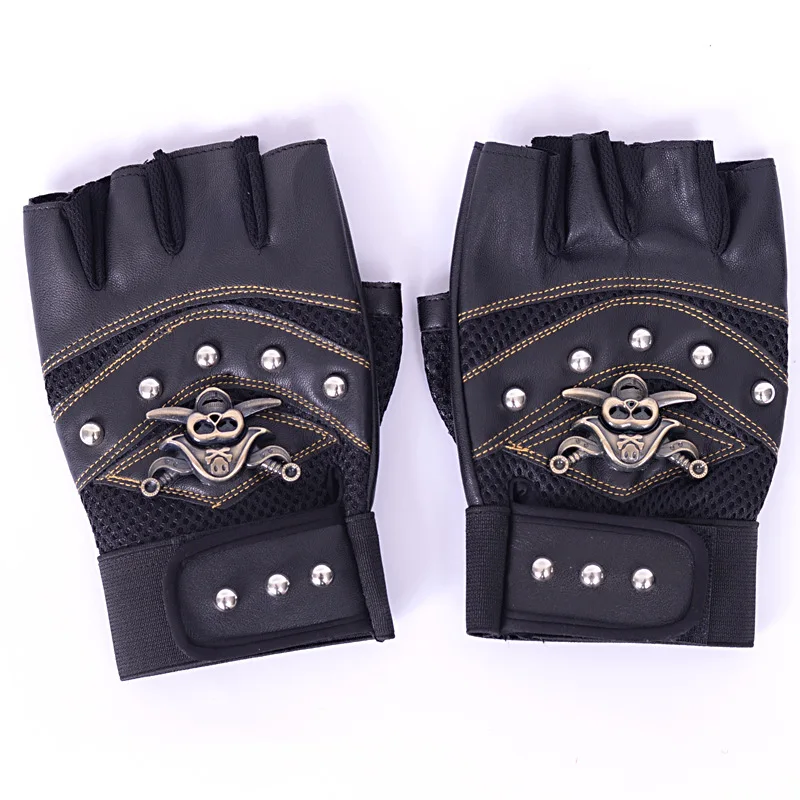 Leather Motorcycle Motocross Racing Gloves Half Fingers Pirate Skull Rivet Punk erkek bisiklet guanti moto leder handschuhe