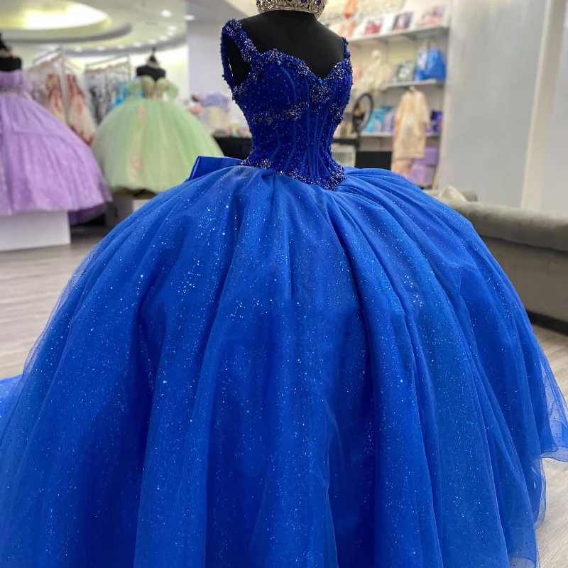 

Blue Shiny Quinceanera Dresses Ball Gown Formal Prom Graduation Gowns Beads Crystal Lace Up Sweet 15 16 Dress vestidos de 15años