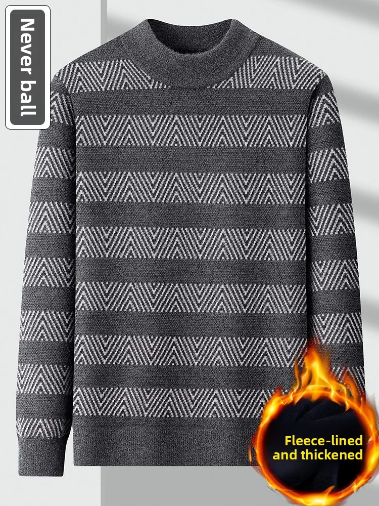 سترة صوفية سميكة للرجال محبوكة بأسلوب عصري للمدينة مناسبة لكبار السن ومتوسطي العمر مع بطانة من فرو الأرانب للدفء