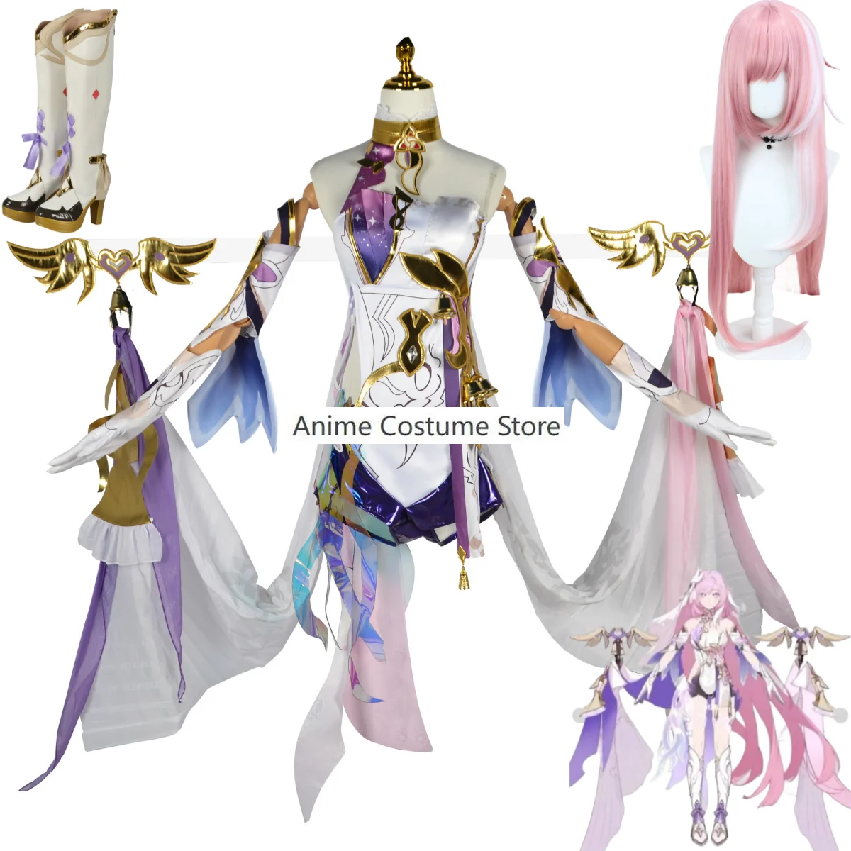 

Anime Game Honkai Impact 3 Elysia Cosplay Costume Herrscher Of Human Ego Wig Jumpsuits Boots Woman Sexy Halloween Suit