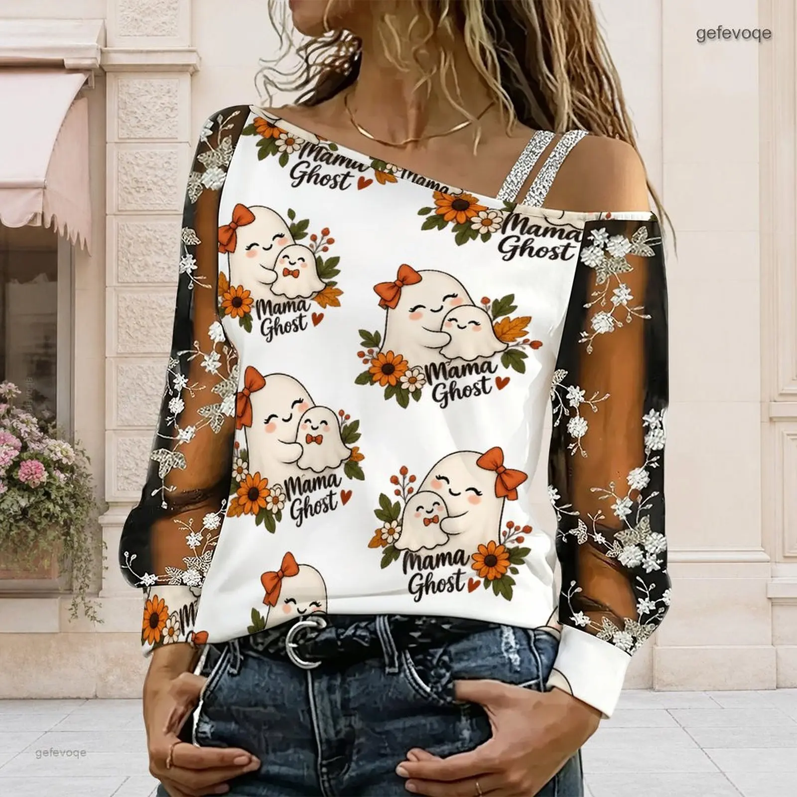 Women Halloween Cartoon Little Boo Ghost Pumpkin Print Asymmetric Off Shoulder Long Sleeve Top