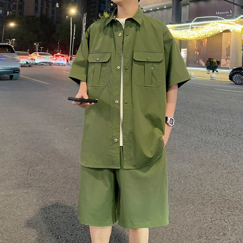 

Summer Outfits for Men Short Sleeve Shirt and Shorts Set Solid Color Casual Lightweight Breathable Fabric Loose Fit Clothing