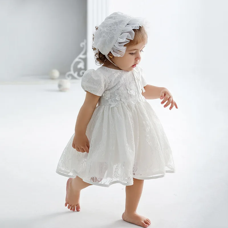 

White Lace Baby Dresses + Hat For Christening 0 To 12 24 Months First Birthday Toddler Girl Clothes Infant One-piece Gown