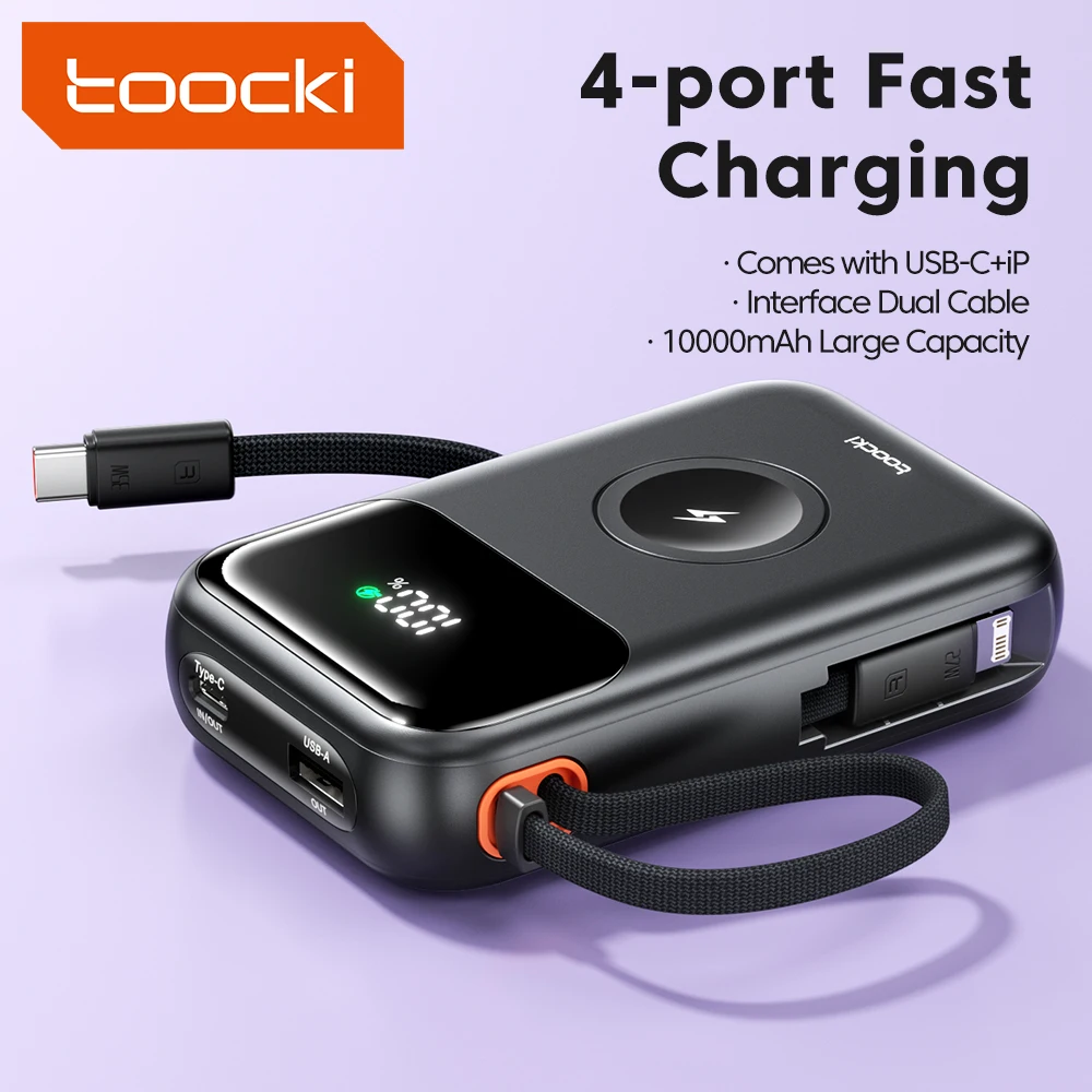 Toocki Portable 10000mAh Power Bank with 35W/27W PD Fast Charging USB C/iP Cable for iPhone Samsung Wireless Charging for iWacth