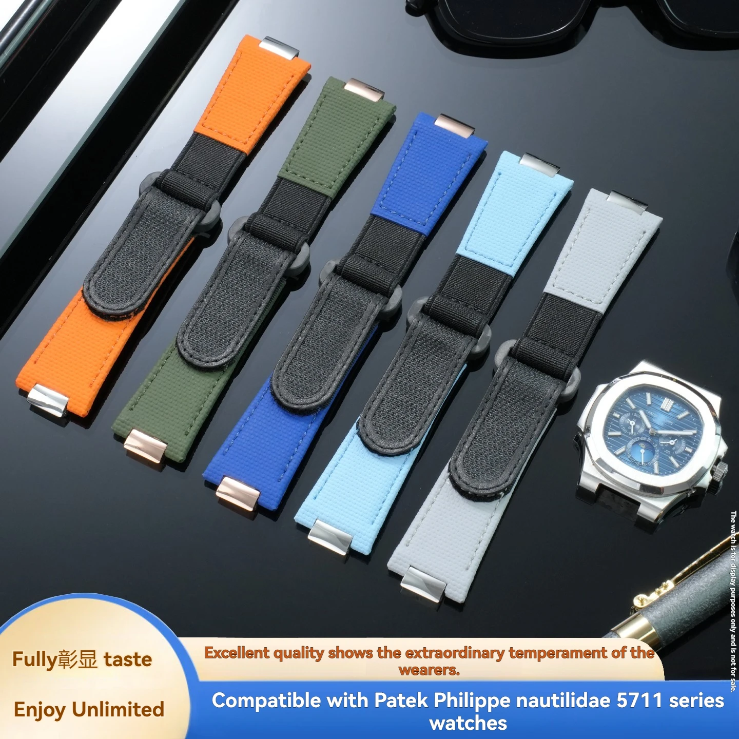 For Patek Philippe Nautilus 5711, 5712, 5726, 5980: Custom-made steel-buckle strap with fluororubber band, 25 x 12.5 mm