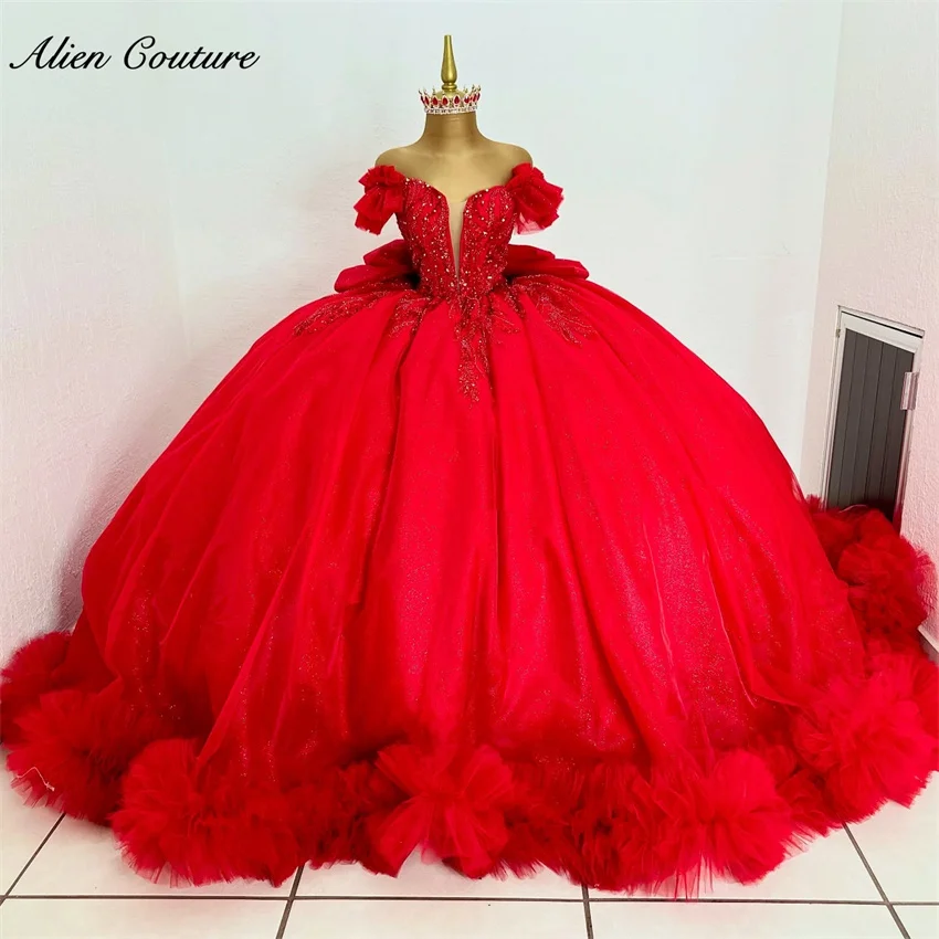 

Noble Red Quinceanera Dresses 2025 Princess Exquisite Appliques Crystals Beading Birthday Party Desss Tiered Ruffles Customized