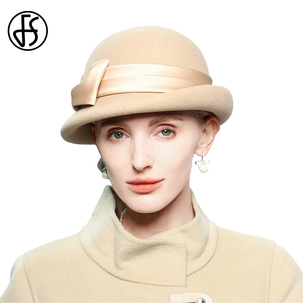 FS Camel Curl Brim Bowler Hats For Women With Bowknot Wedding Church Millinery Elegant Winter Wool Fedora Lady Fashion Derby Cap