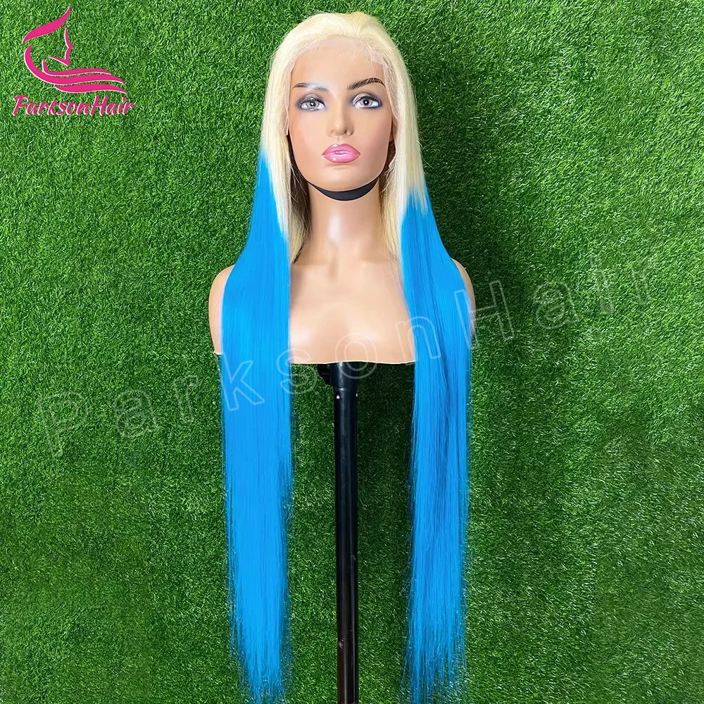 Peluca de cabello humano liso de 13x4 HD para mujer, postizo de encaje Frontal, color azul, 613, Remy, 13x6