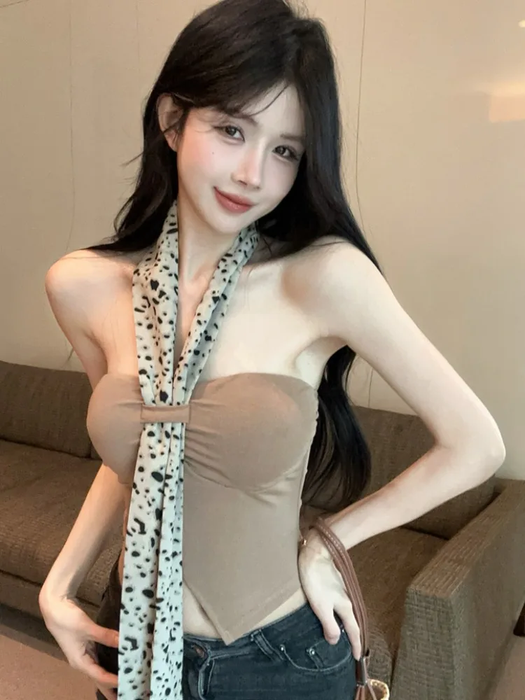 

Summer Sexy Short Top Women's Vest Strap Silk Scarf Split Design Camisole Inner Wear Outer Wear Korean Style Commute Fashion