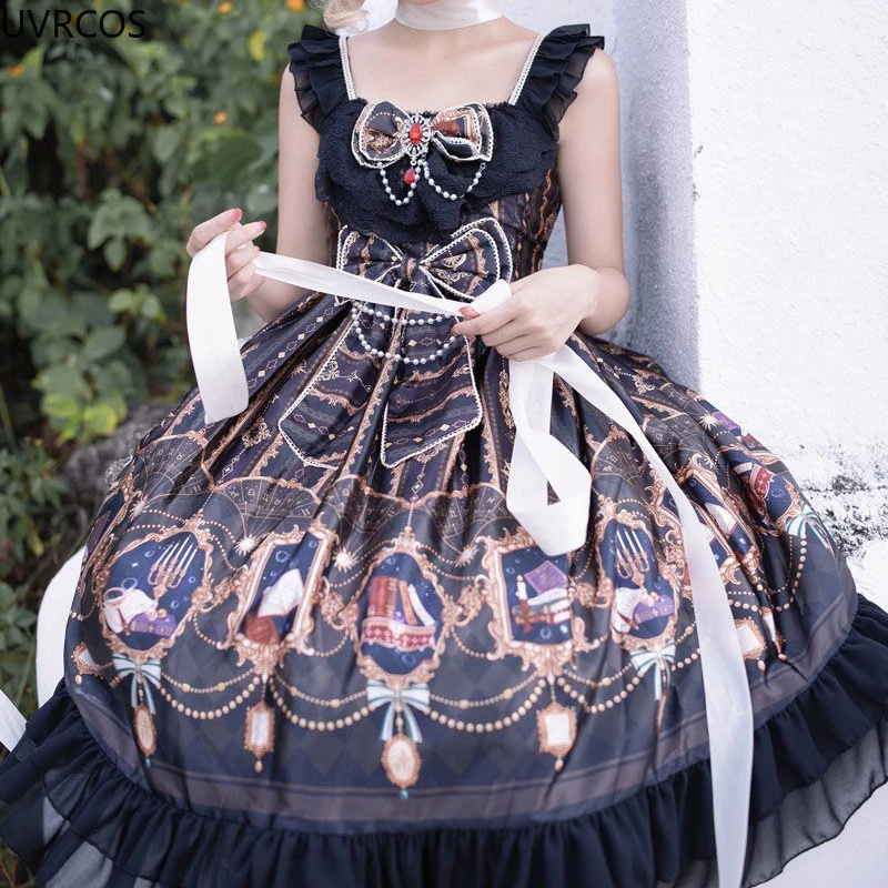 Victoria Vintage Gothic Lolita JSK Dress Women Sweet Star Bow Elegant Princess Sleeveless Dress Girly Party Black Strap Dresses