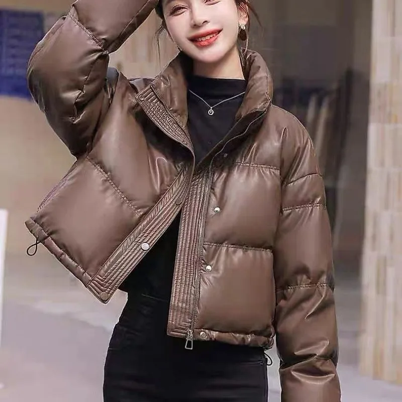 Effen Kleur Winddichte Cropped Puffer Jack Vrouwen Winter Dikke Korte Jas Warme Jas Pluizige Parka Vintage Tops Dameskleding