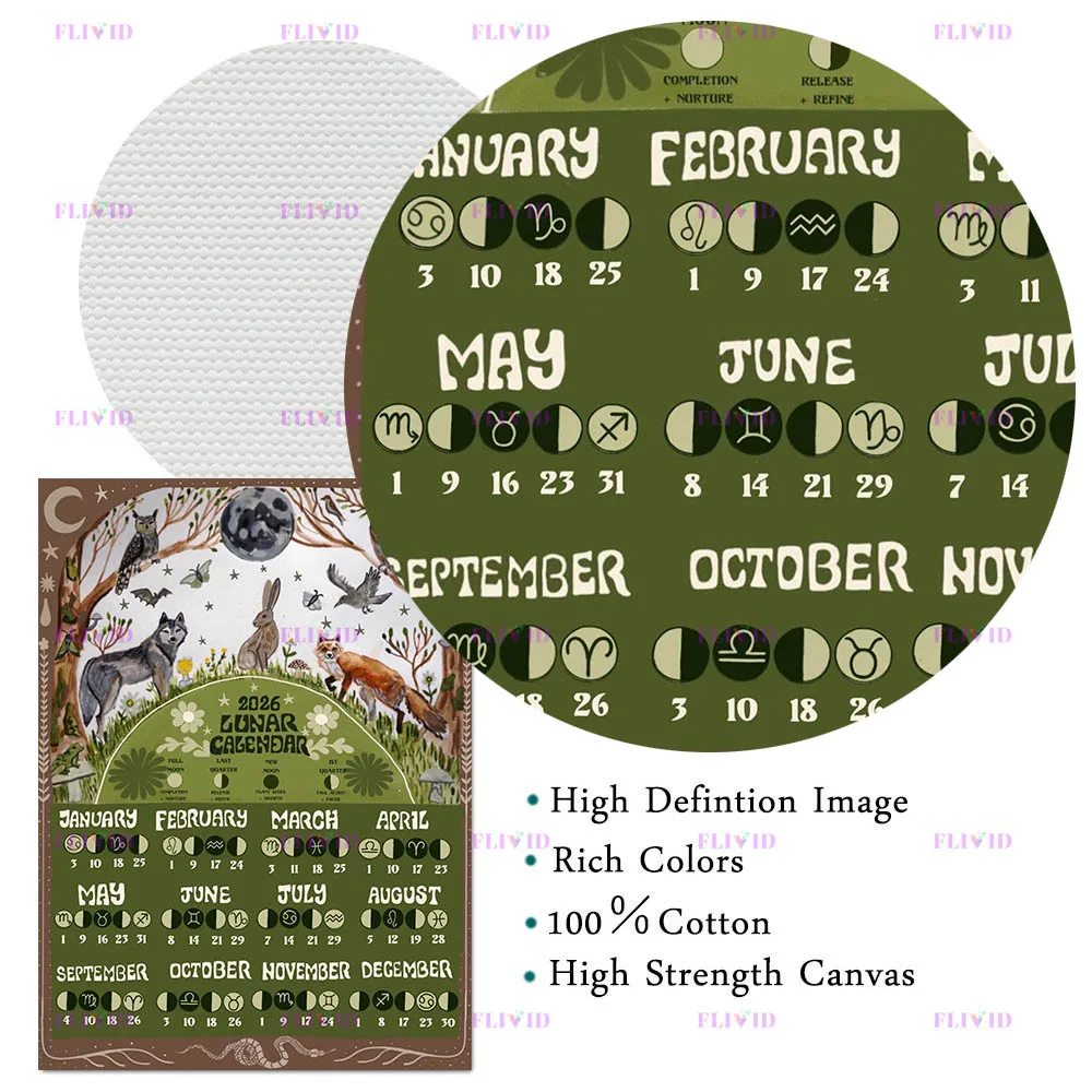 2026 Lunar Phase Calendar, Moon Magic Wall Art Canvas Painting,Moon Phases Witchcraft Art Poster And Print Home Decor Unframed