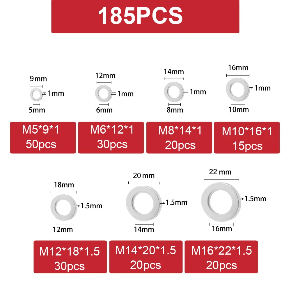 185Pcs Aluminum Flat Washer Assortment Kit M5 M6 M8 M10 M12 M14 M16 for Plumbing Automotive Repair Machinery Maintenance