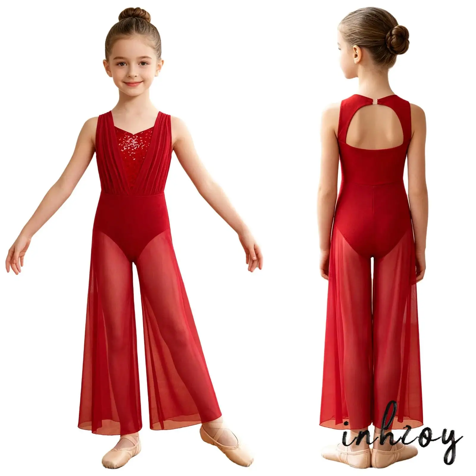 Kids Girls Modern Dance Performance Jumpsuit Sleeveless Sequins Long Pants Built In Briefs Sparkly Jumpsuit for Ballet Dance