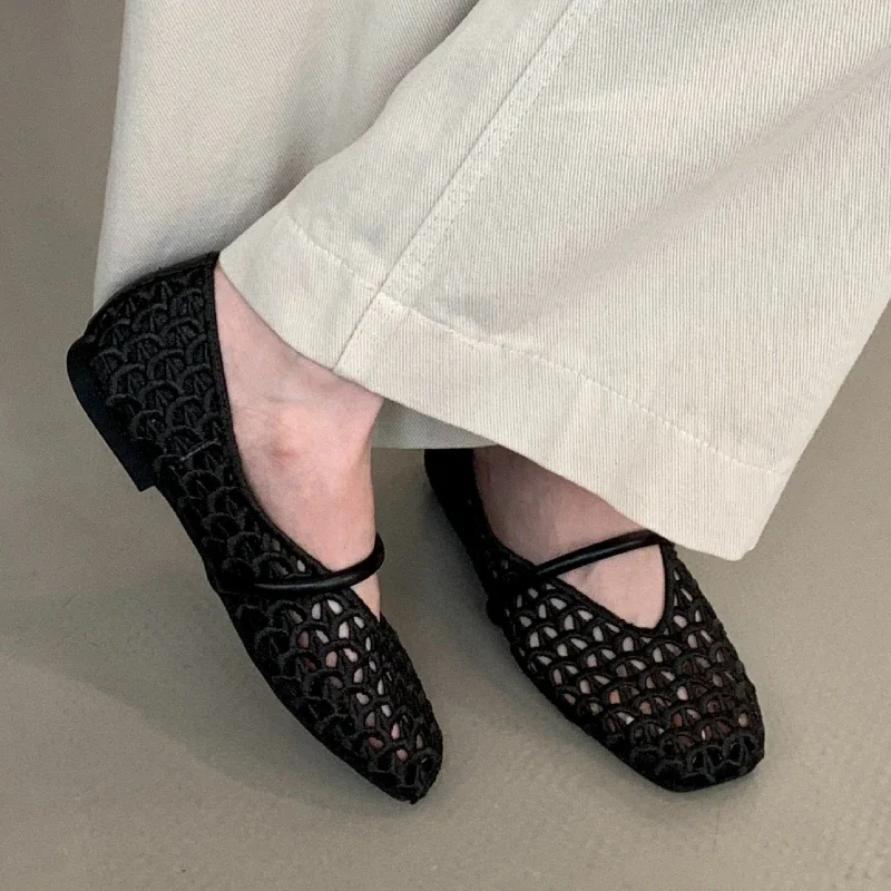 

Плетеные дышащие сандалии для женщин, летняя обувь с квадратным носком и мелкой полой сеткой, женская модная брендовая обувь Мэри Джейн, женская обувь