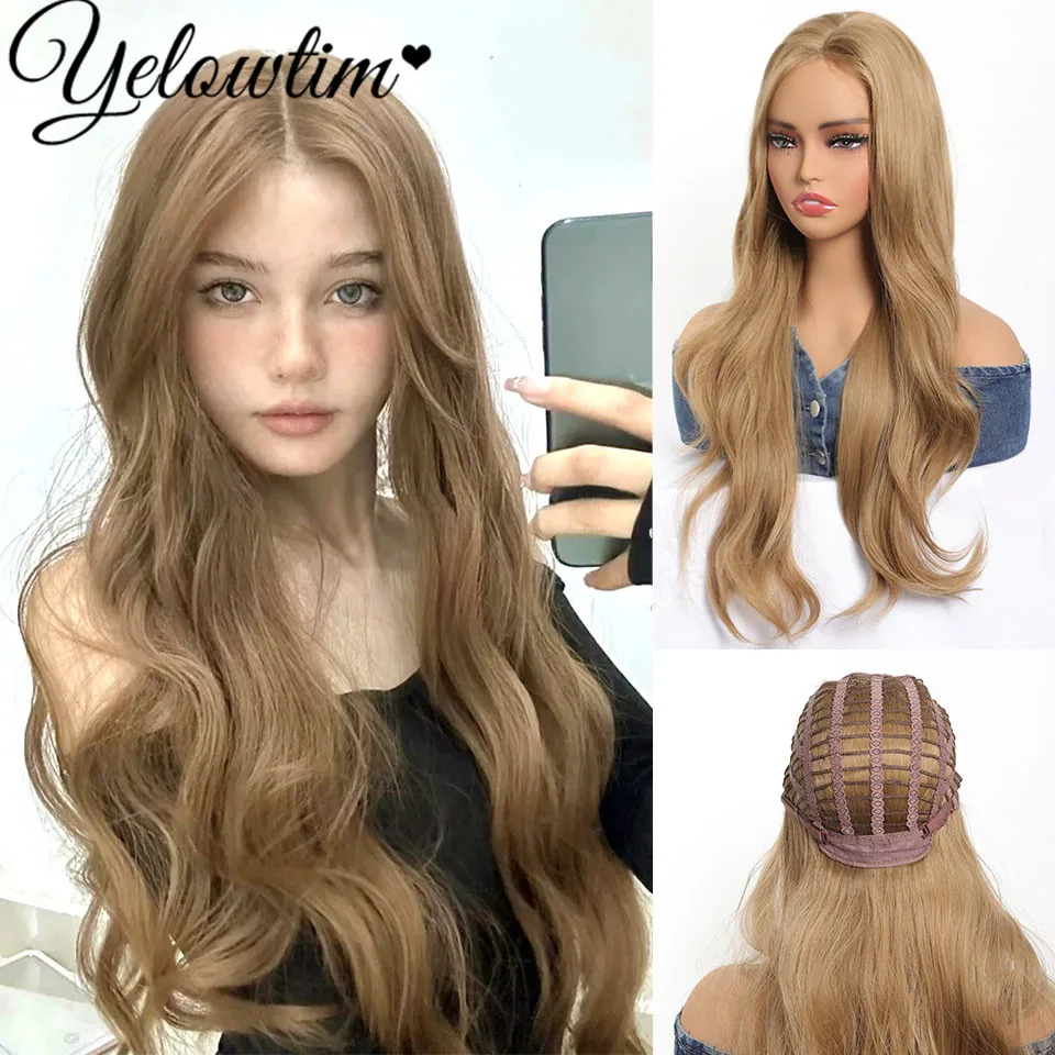 YELOWTIM Synthetic wig linen gold brown wavy wig breathable lightweight realistic and natural for women's daily life