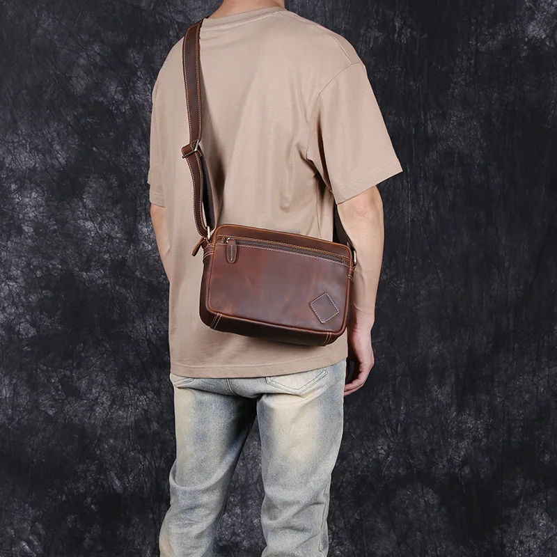 Men's Shoulder Bag Leather Crossbody Bag Top Layer Cowhide Retro Crossbody Bag Crazy Horse Leather Cross Messenger Bag Backpack