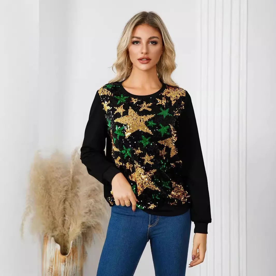 Damesjack met lange mouwen en sterpatroon Pailletten Europese en Amerikaanse stijl voor kerstfeest Elegant sweatshirt