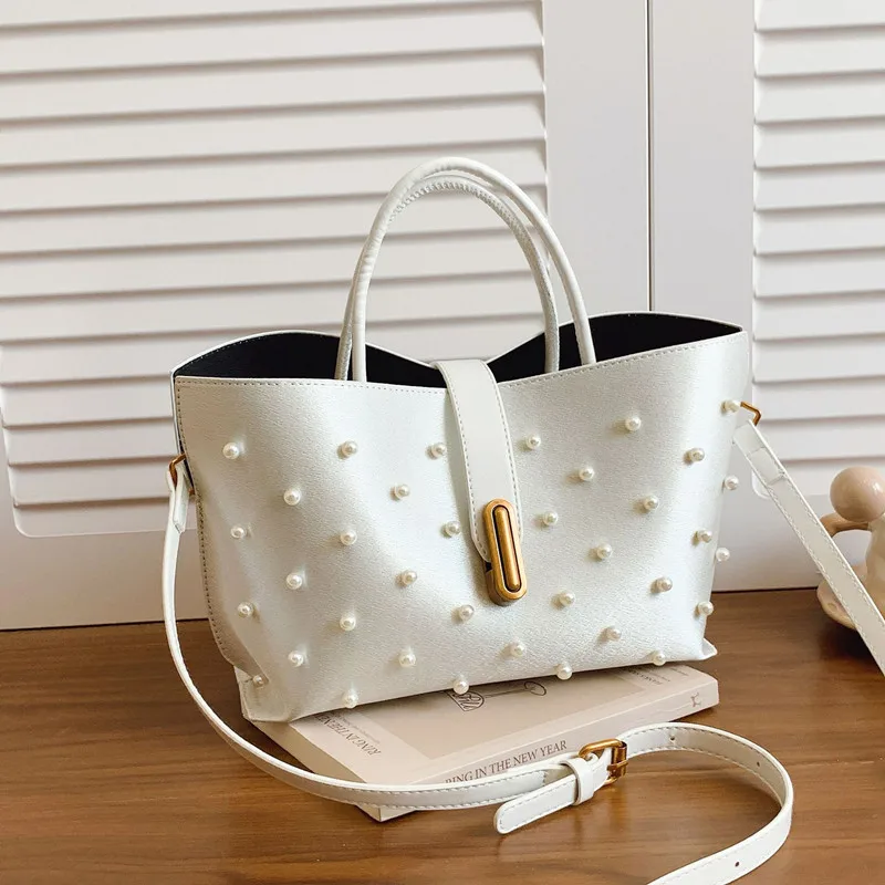 

2025 Luxury Retro Pearl Inlay Women Tote Bag High End French Style Large Capacity Handbags Trendy Beading Crossbody Shoulder Bag