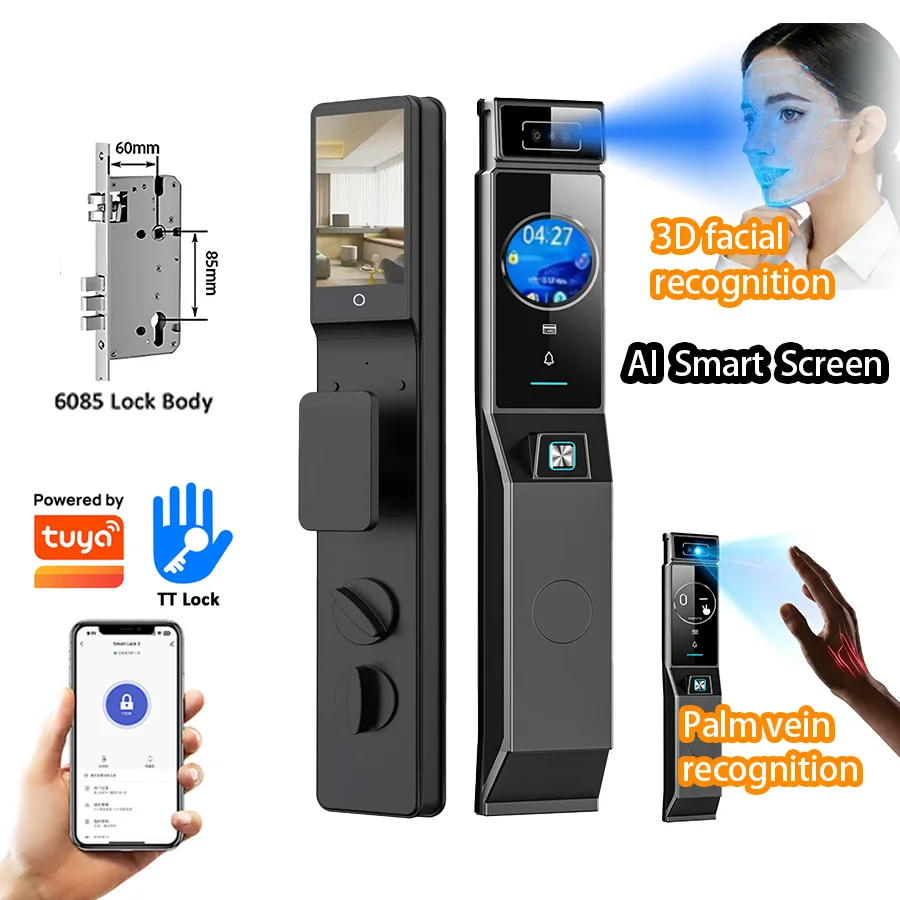 Waterproof AI Smart Screen Tuya Face Recognition Smart Door Lock Palm Security Digital Lock