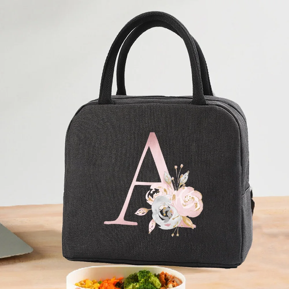 Lunch Bag Cooler Tote Insulated Thermal Canvas Bag Food Picnic Unisex Travel  Lunchbox Organizer Bags Pink Flower Letter Print