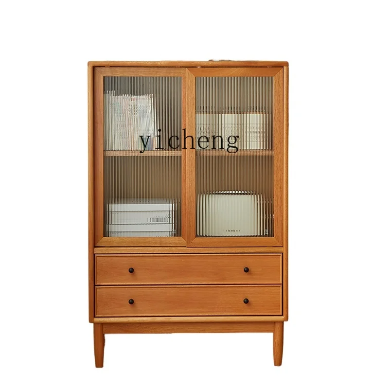 

ZC Solid Wood Side Cabinet TV Side Cabinet Living Room Chest of Drawers Wall Glass Sliding Door Locker Bookcase