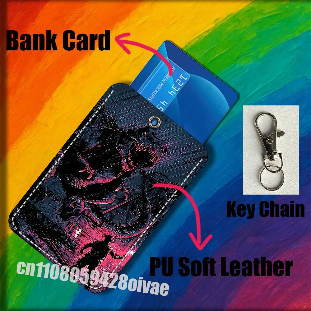 J-Jurassic P-Park Dinosaur World For ID Clips Credit Bank Campus Card Holder Cover Decoration PU Leather Keychain