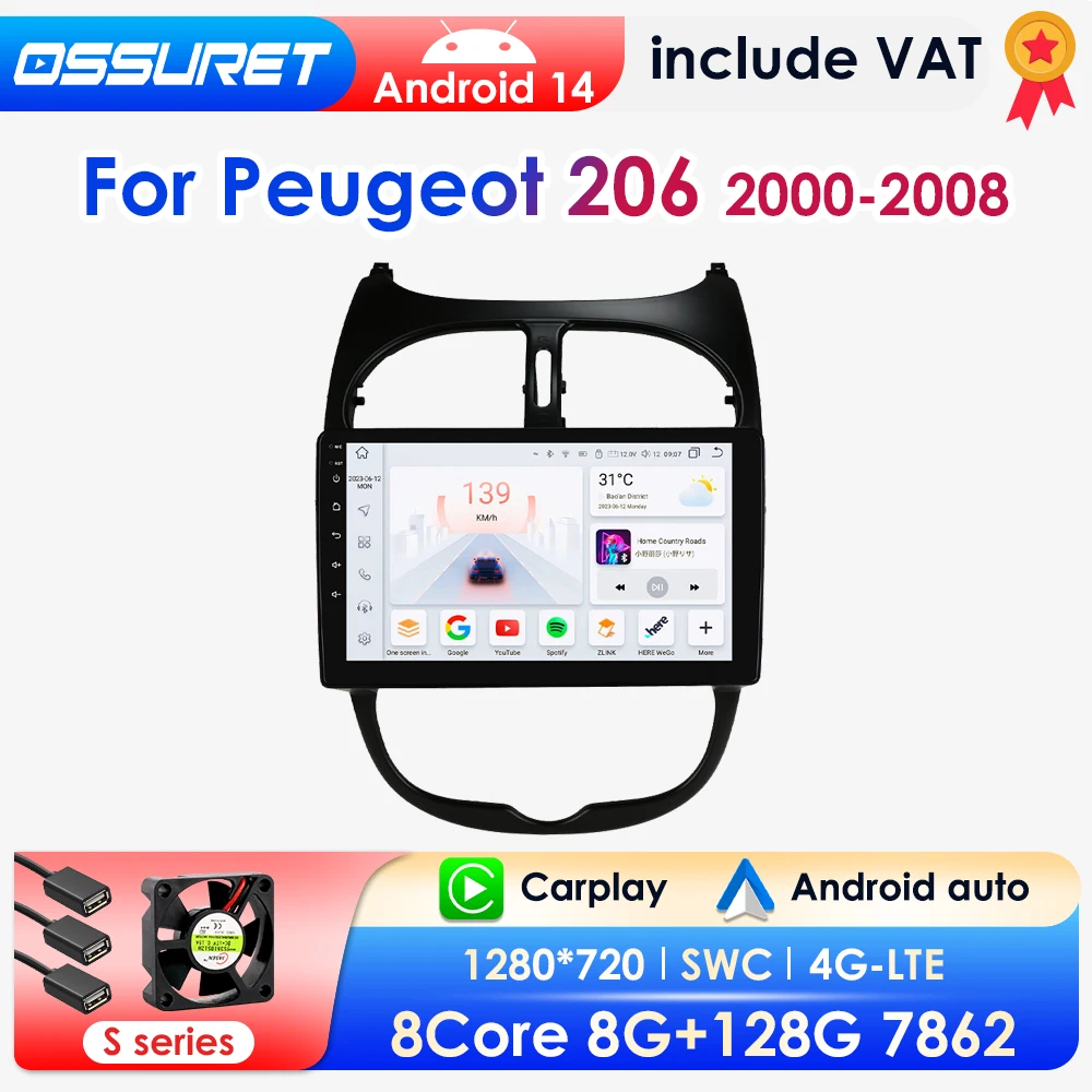 Autoradio Android 14 da 9 pollici per Peugeot 206 206CC 206SW 2000-2008 Lettore multimediale GPS per auto Wireless Carplay 4G DSP BT 360Camera