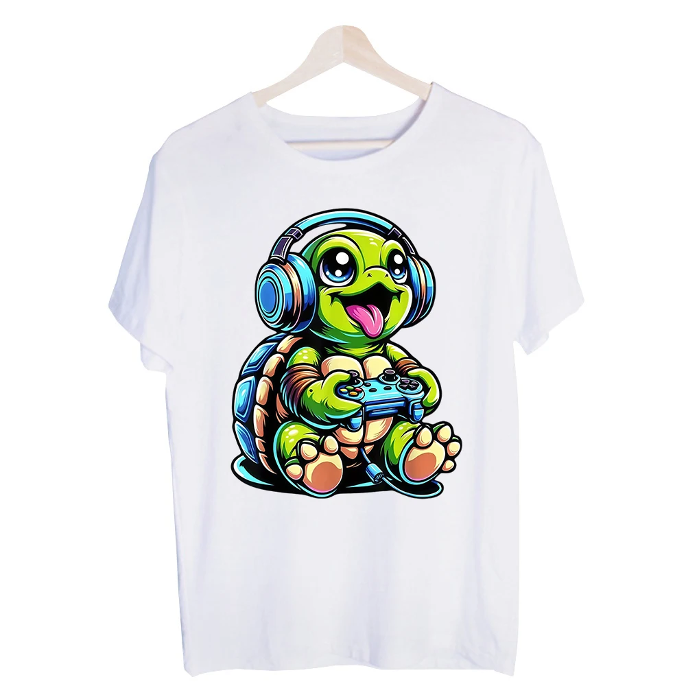 Men's Turtle with Headphones and Game Controller Graphic Tee, Short Sleeve Crew Neck T-Shirt for Casual Gaming Style