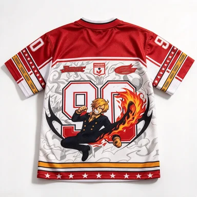 One Piece King Yamaharu Red and White Contrast Splicing V-neck Anime Yamaharu Flame Pattern Number 90 Casual Loose Top