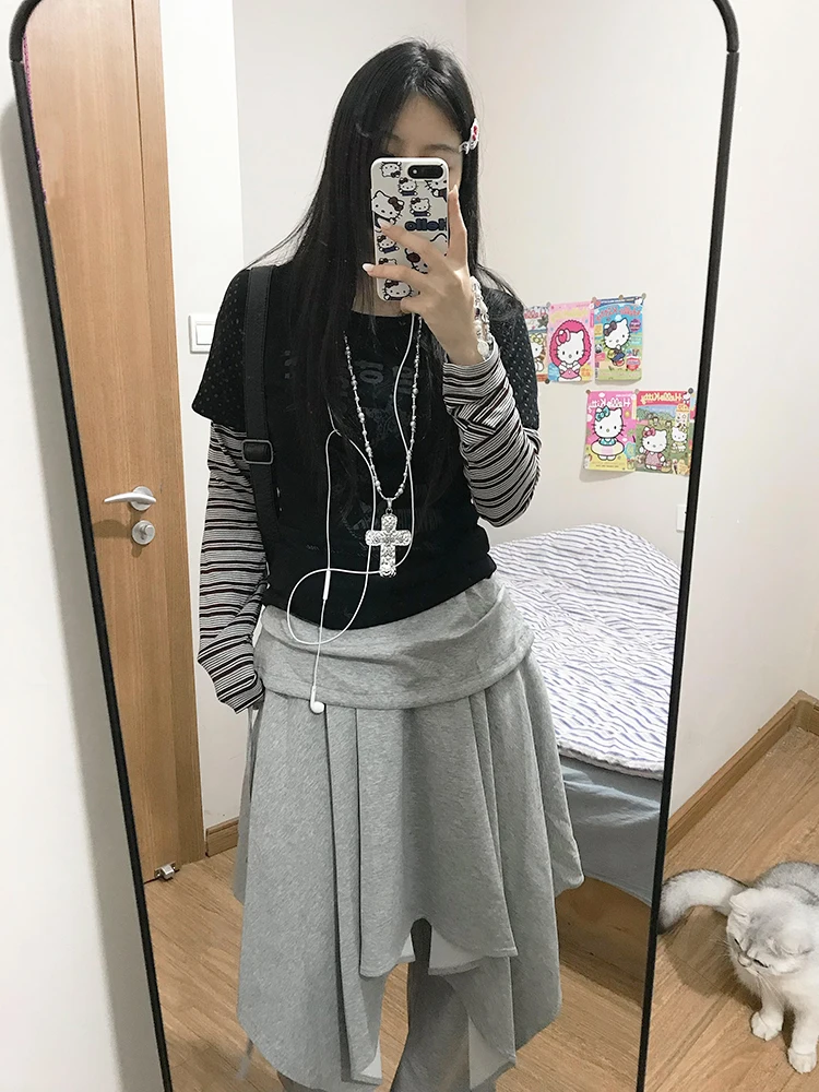 ReddaChic Szare spodnie dresowe z elastyczną talią, szerokie nogawki, asymetryczna spódnica, spodnie do warstwowego noszenia, grunge, koreańskie ubrania damskie