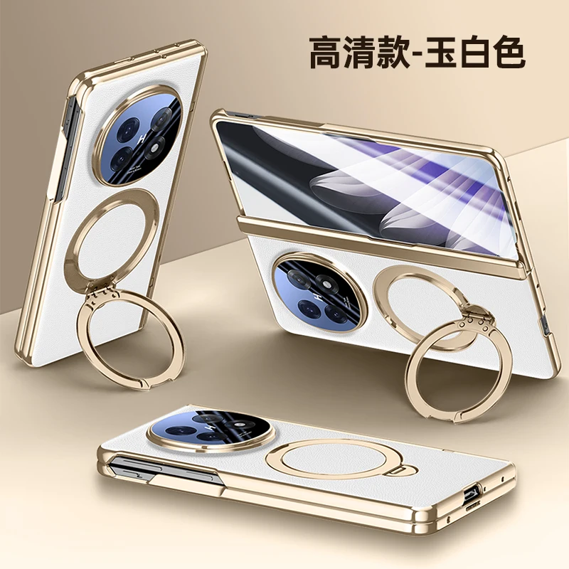 For Oppo Find N5 Case Luxury Electroplated Matte Leather Magnetic Rotating Ring Holder Fold Hinge with Tempered Film Hard Cover