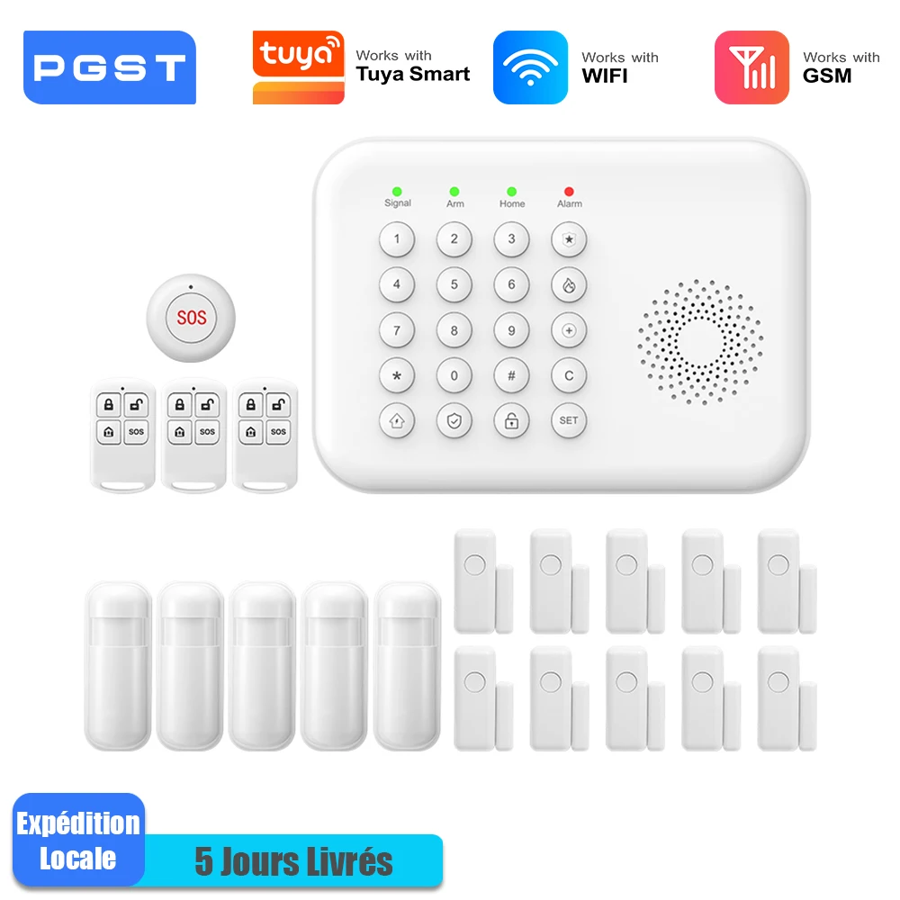 PGST pack alarme sécurité anti intrusion WiFi 2G GSM Works with Tuya Smart Life dispositif sans fil intelligent pour habitation magasin bureau capteurs de mouvement configuration simple utilisation quotidienne