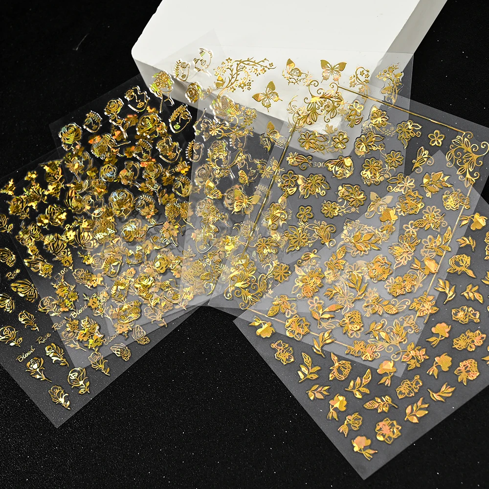 6 pz/set adesivi per unghie fiore farfalla arcobaleno abbronzante 8*10CM Holo oro/argento 3D fiori farfalla decalcomania per unghie per cursore fai